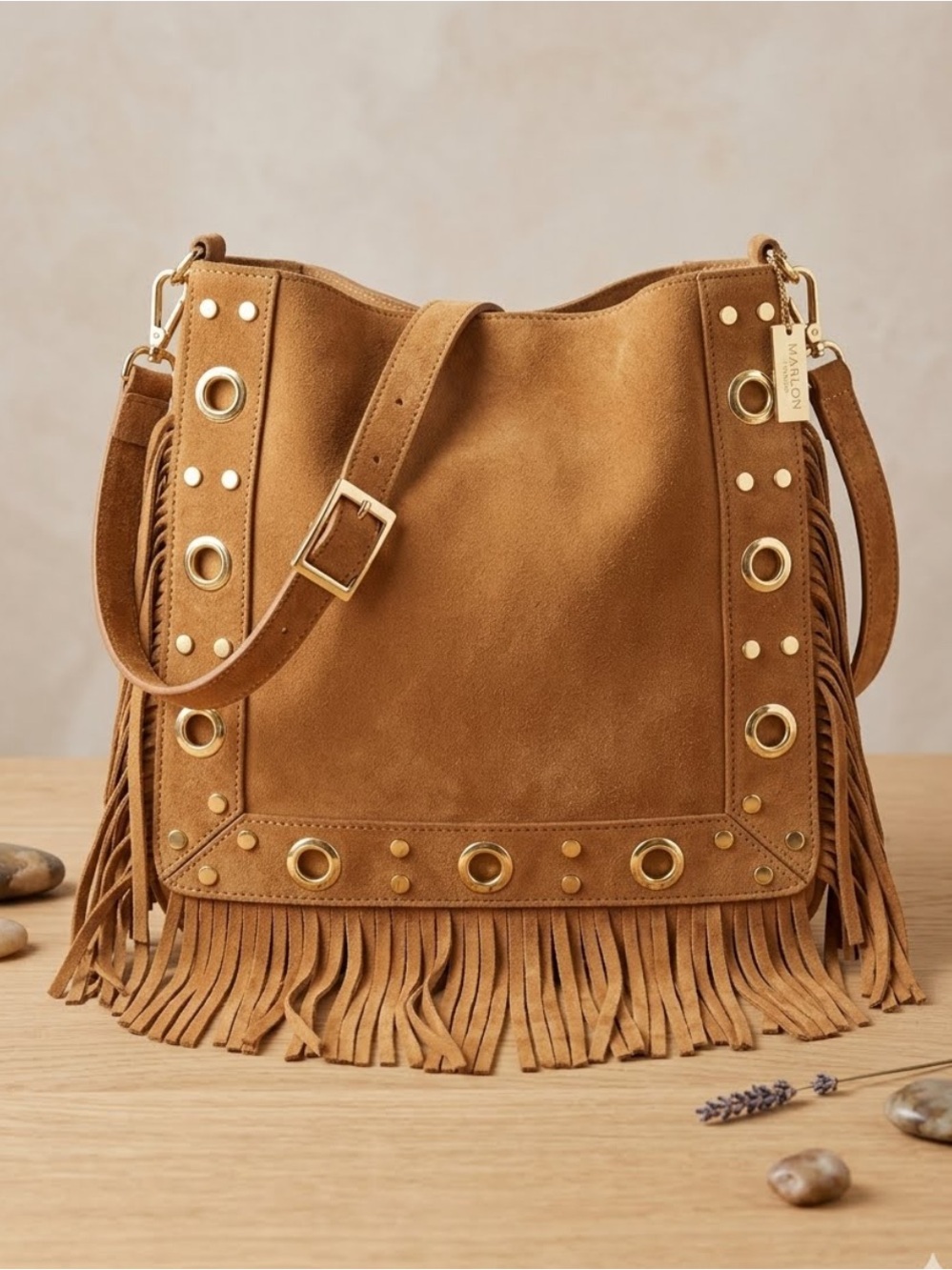 NWT Marlon Firenze Suede Fringe Hobo Bag Grommet Crossbody